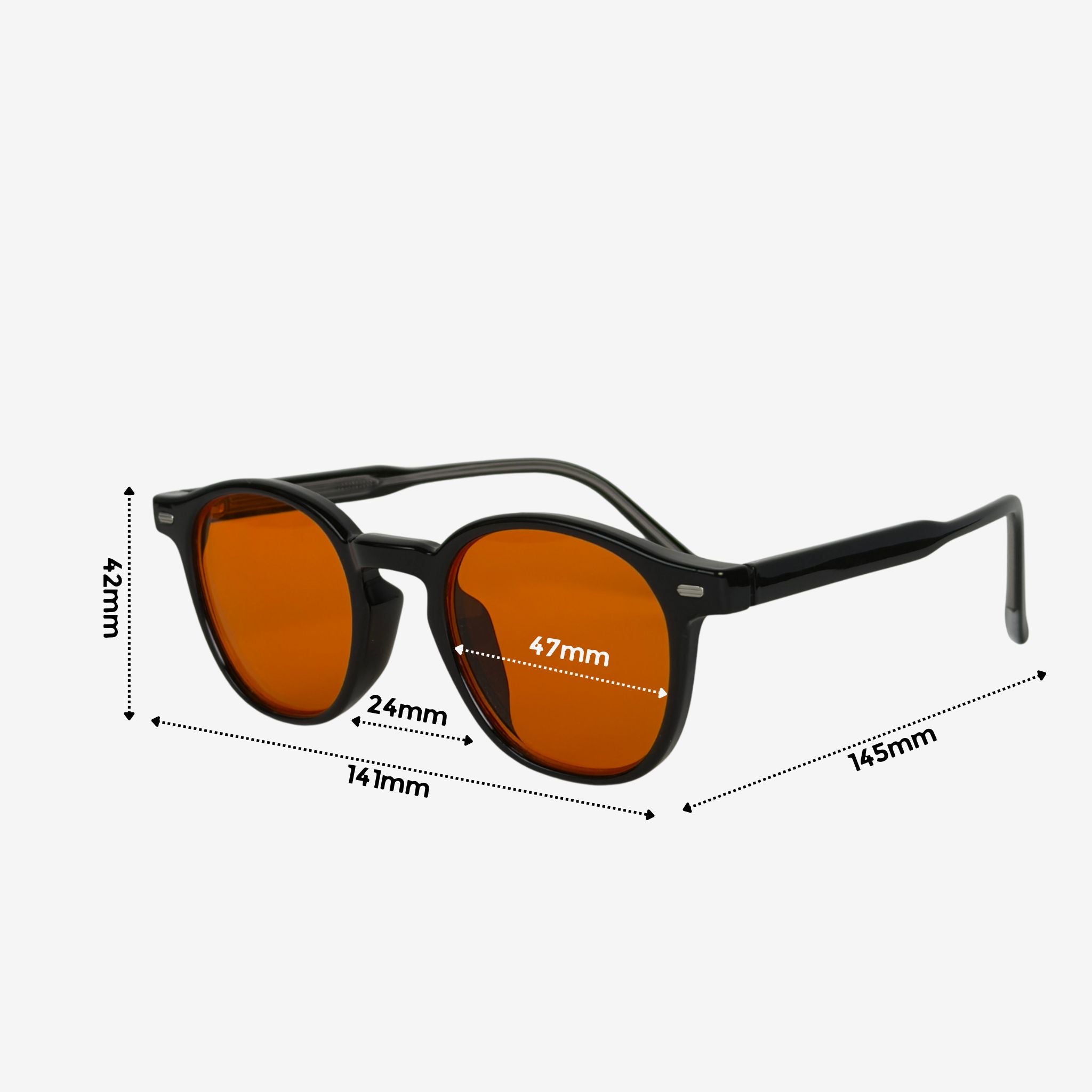 nightshift orange lenses with dimensions marked on a white background
