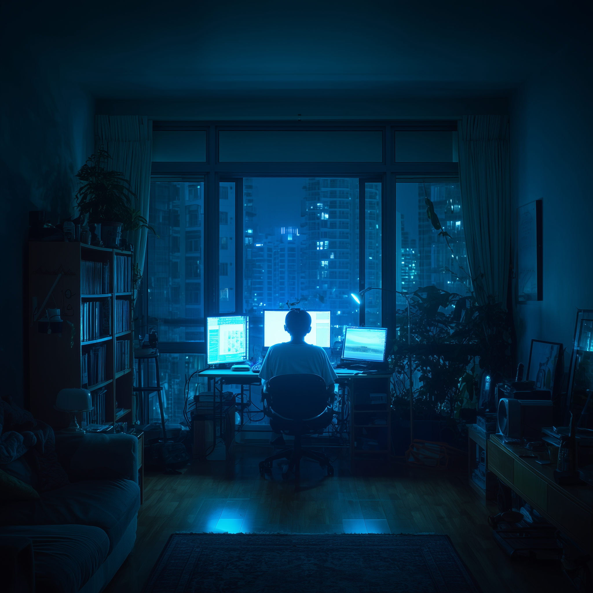 person using laptop at night with harsh blue screen tone