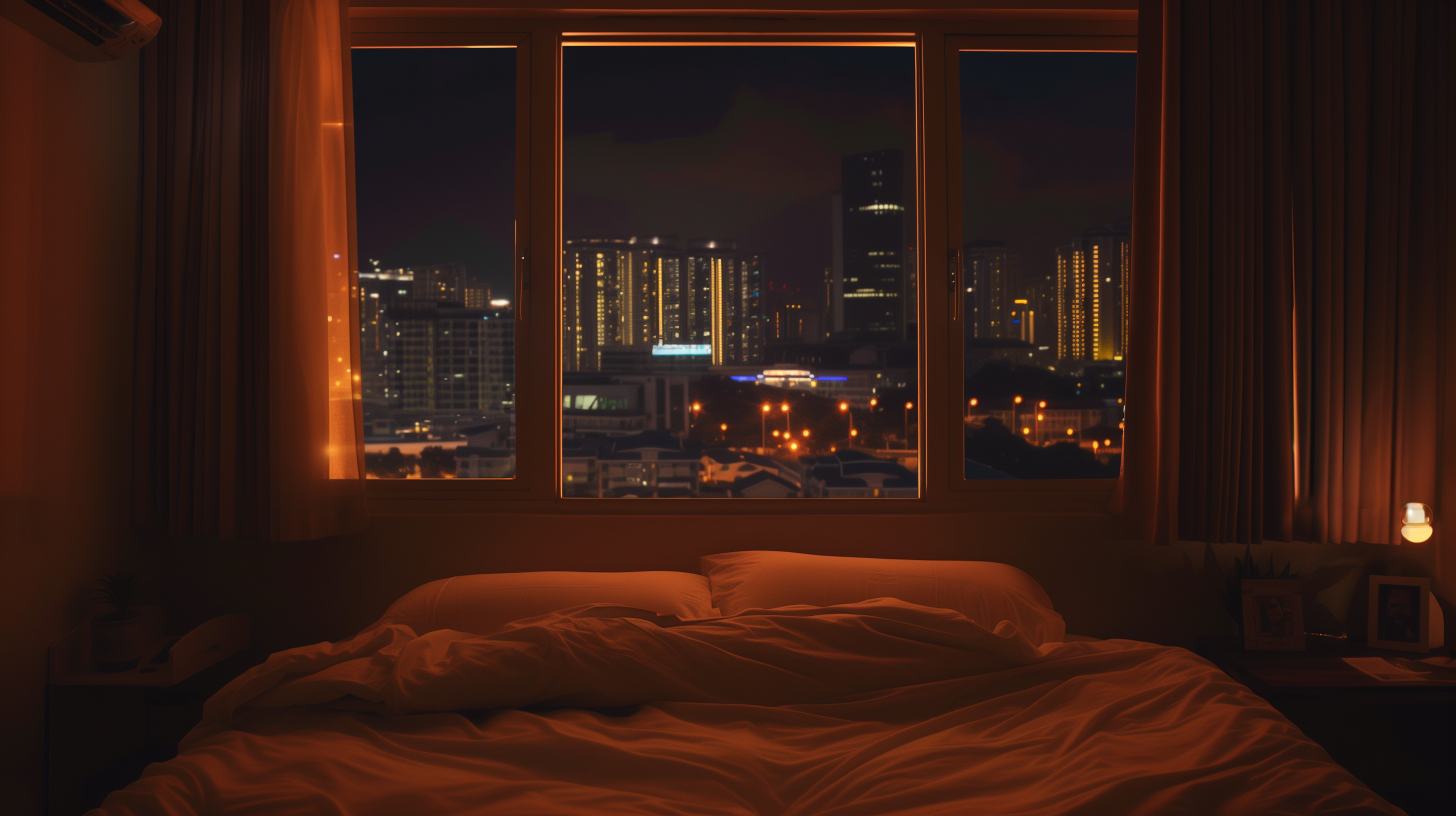 bedroom with city skyline seen through warm orange night lighting